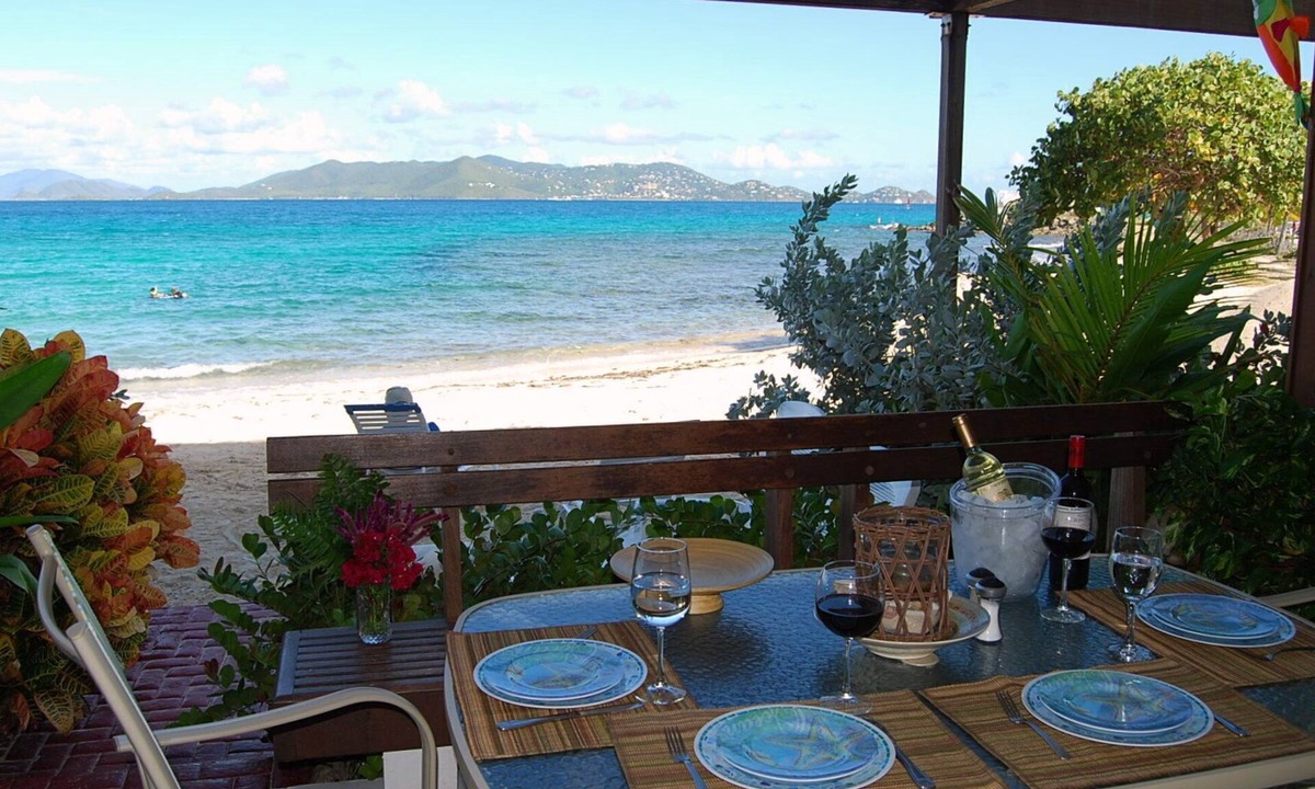 Red Hook Condo | "THREE PALMS"~ Directly ON beach, remodeled, private patio, pool, quiet & clean
