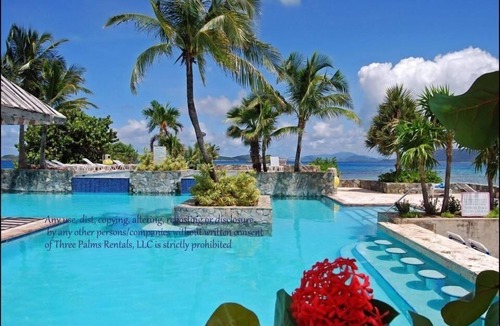 Red Hook Condo | "THREE PALMS"~ Directly ON beach, remodeled, private patio, pool, quiet & clean